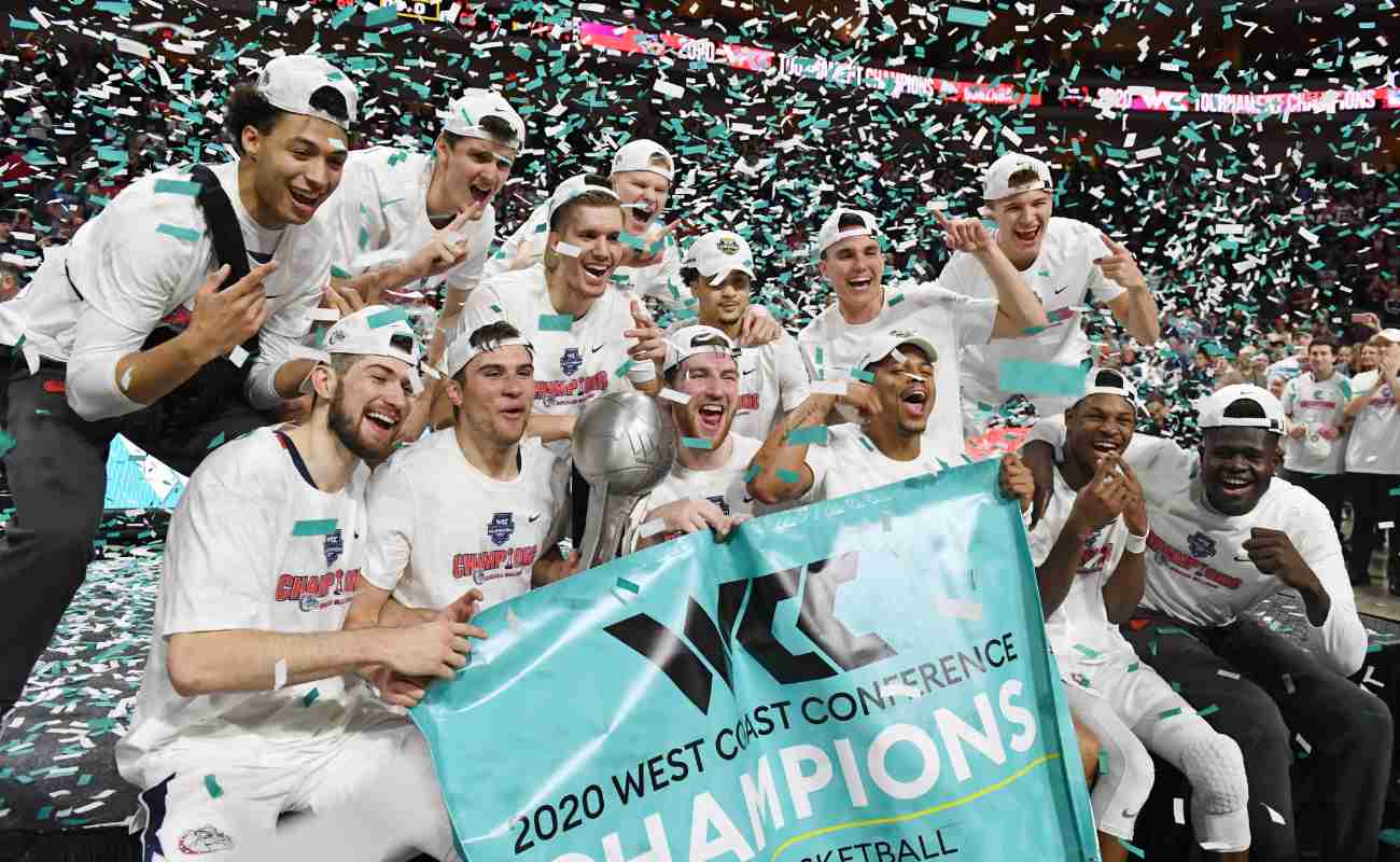 Gonzaga Bulldogs celebrate win with trophy at West Coast Conference basketball tournament