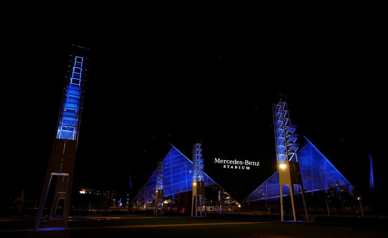  Mercedes Benz Stadium at night blue lights