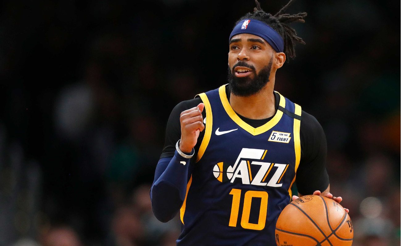  Mike Conley of Utah Jazz brings basketball up court during game against the Boston Celtics at TD Garden