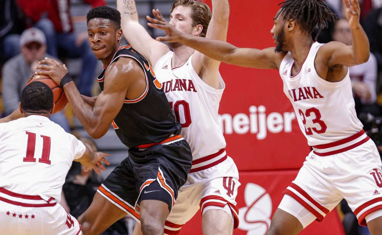 Richmond Aririguzoh of Princeton Tigers against Joey Brunk of Indiana Hoosiers at Assembly Hall