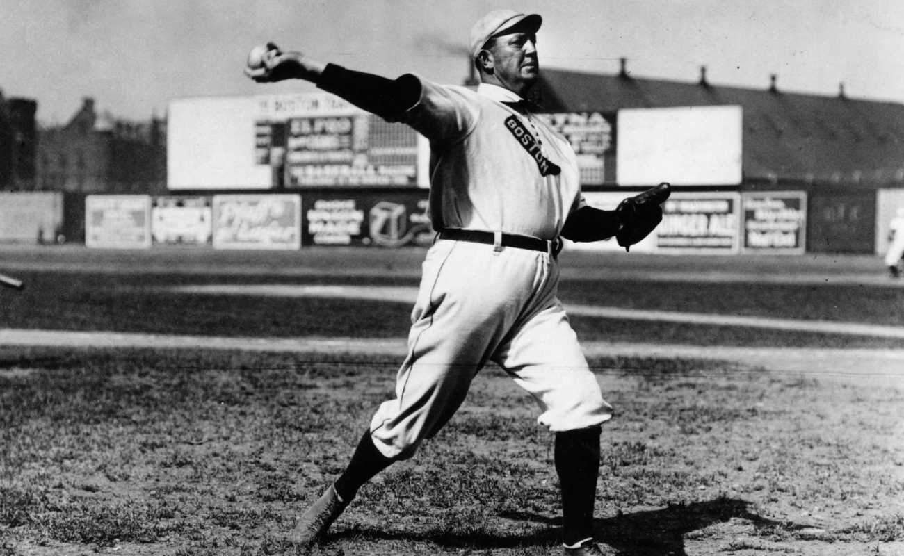 Cy Young of the Boston Red Sox warming up before game in Boston in 1908