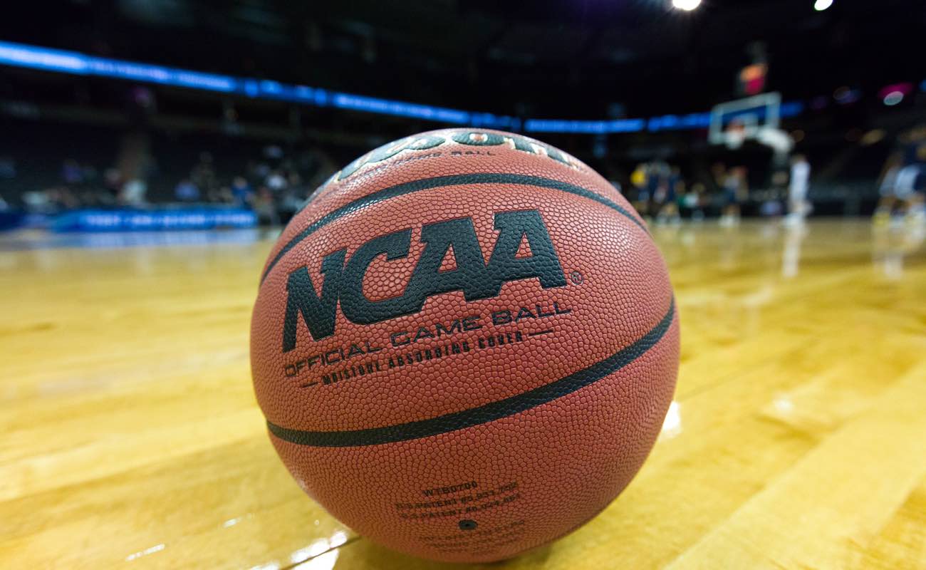 A game ball sits on court the day prior to the start of the 2016 National Collegiate Men's Basketball Tournament
