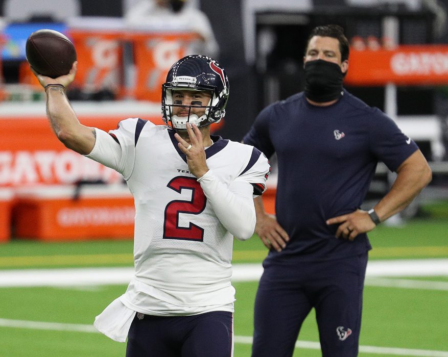 AJ McCarron #2 of the Houston Texans warms up before playing the Baltimore Ravens at NRG Stadium on September 20, 2020 in Houston, Texas. (Photo by Bob Levey/Getty Images)