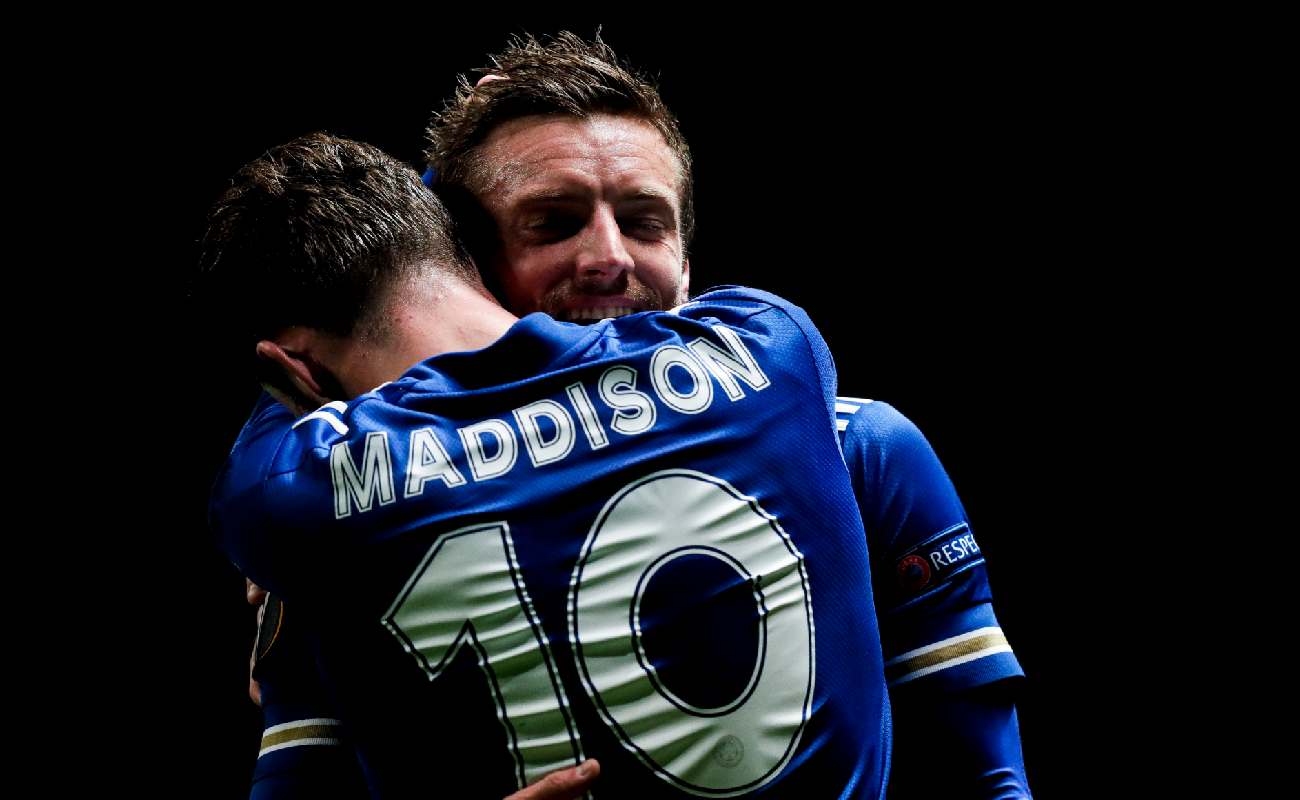 Jamie Vardy and James Maddison of Leicester embrace - Photo by David S. Bustamante/Soccrates/Getty Images
