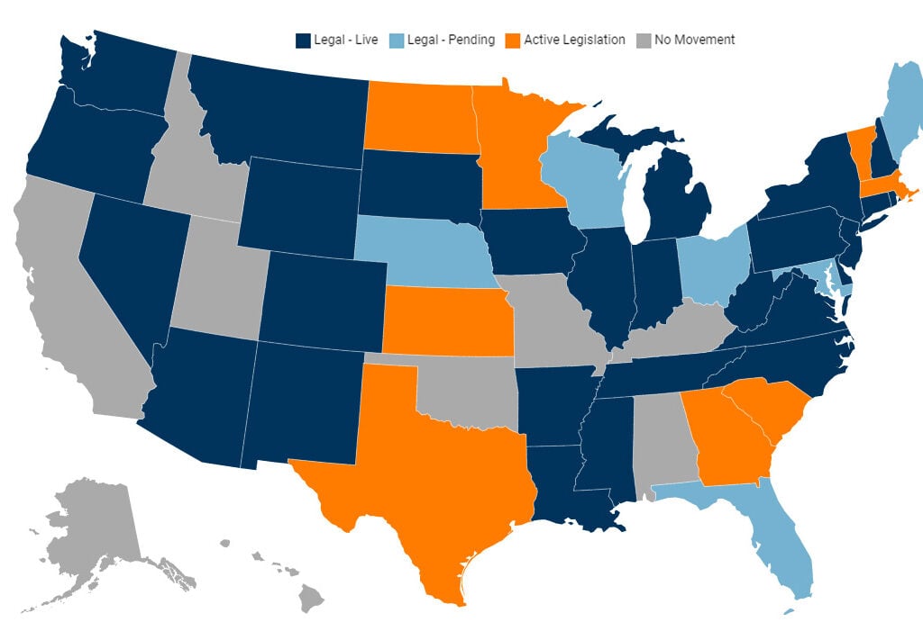 map of legal betting states in the US